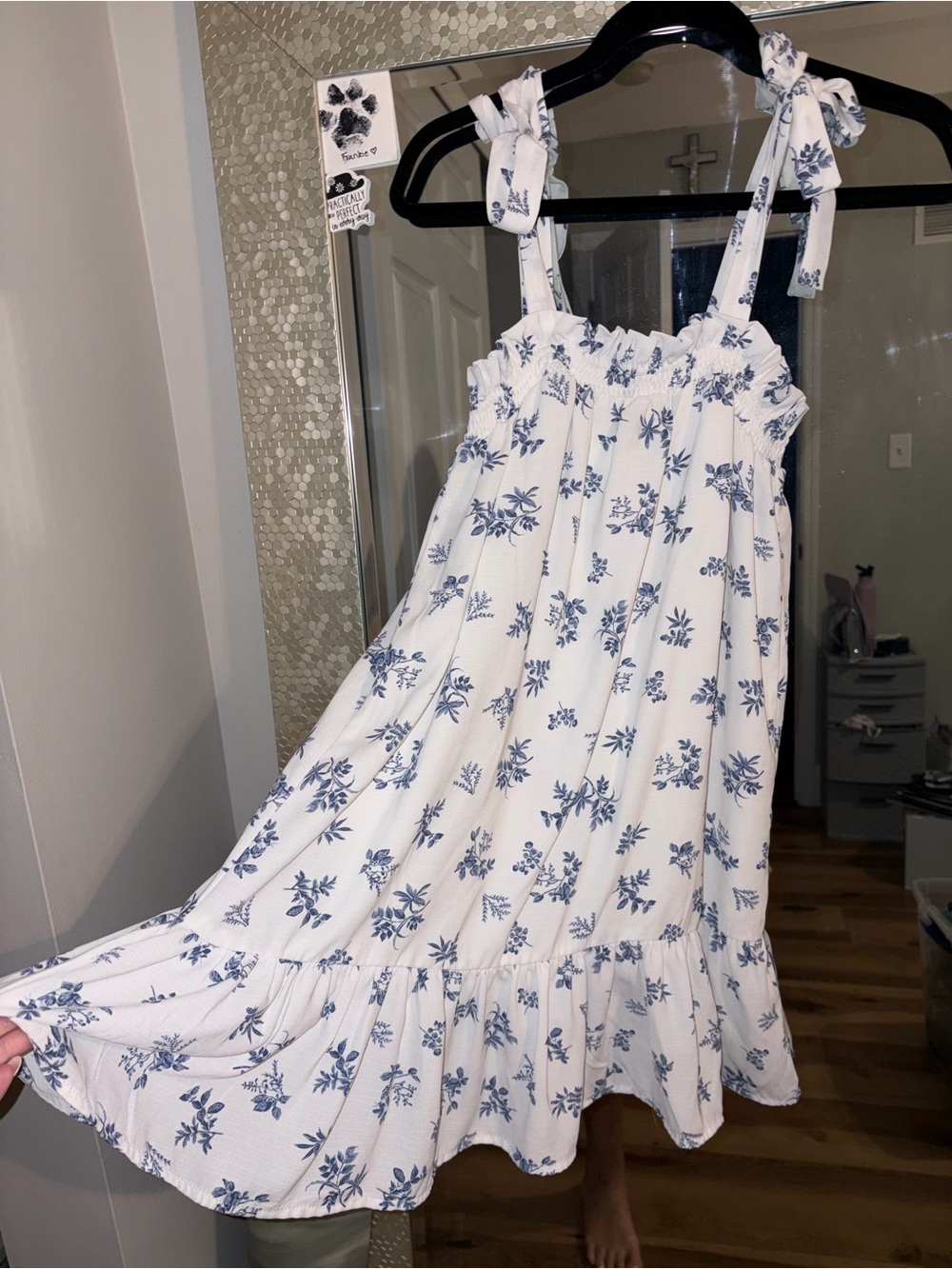 Le Lis White Dress with Blue Floral Tie-Straps